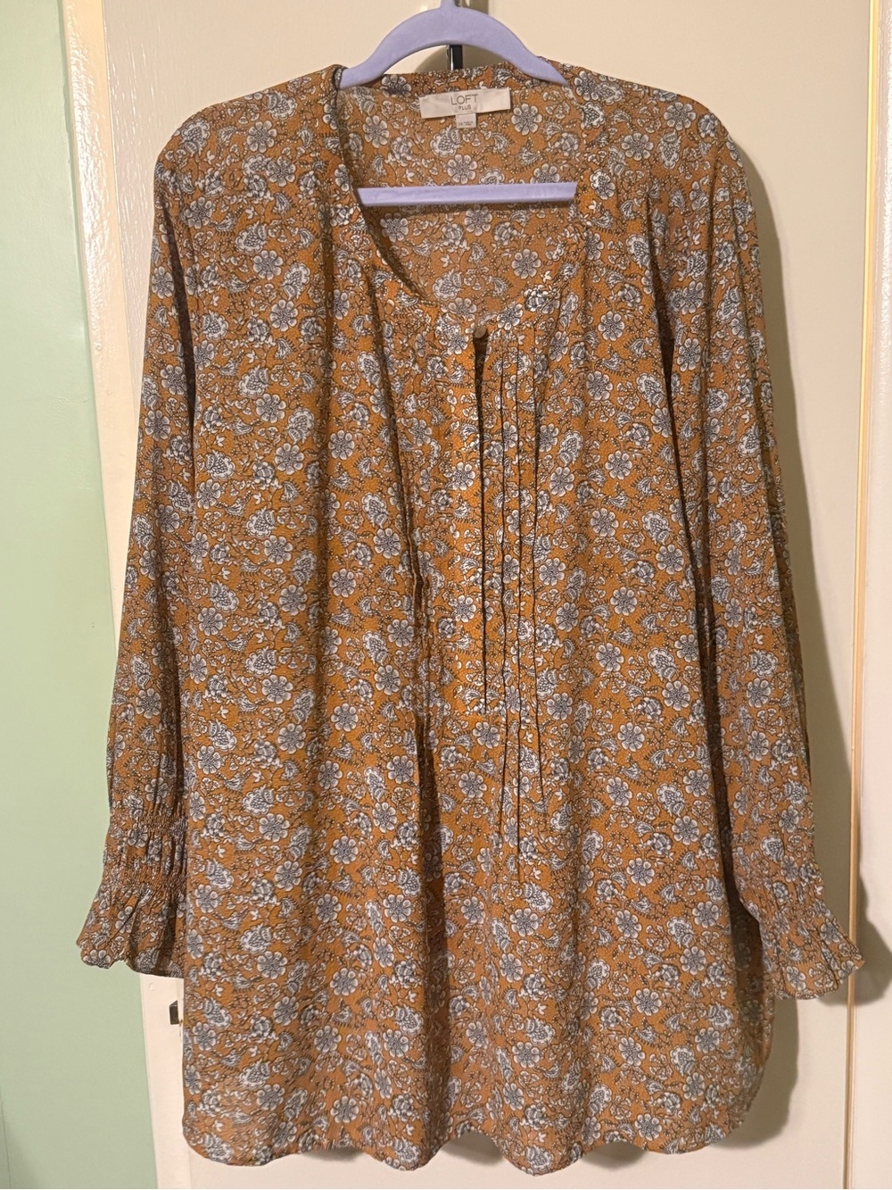 LOFT Mustard Floral Pintuck Long-Sleeve Blouse
